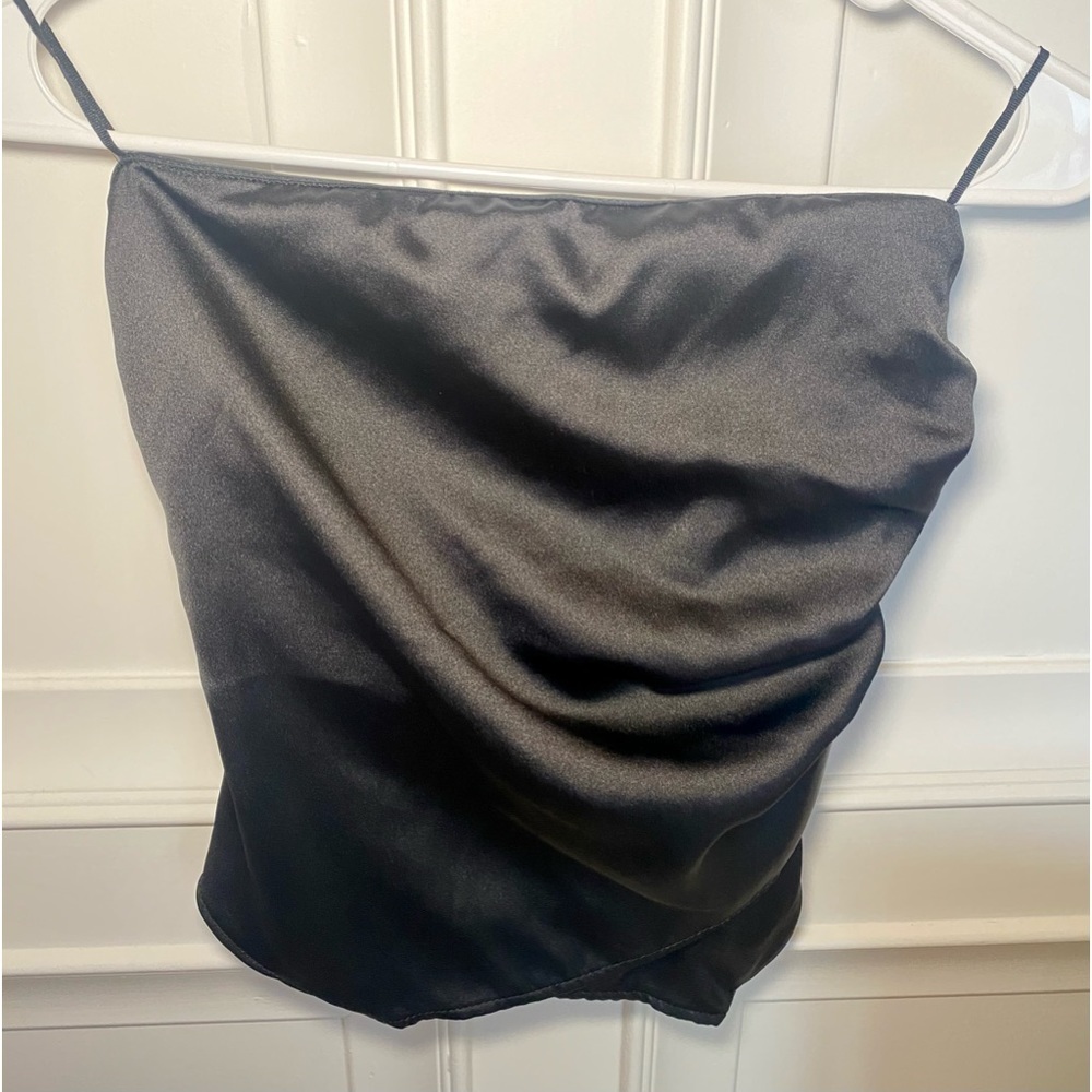 Zara size S, black strapless top with ruched sides, side zip, criss cross hem